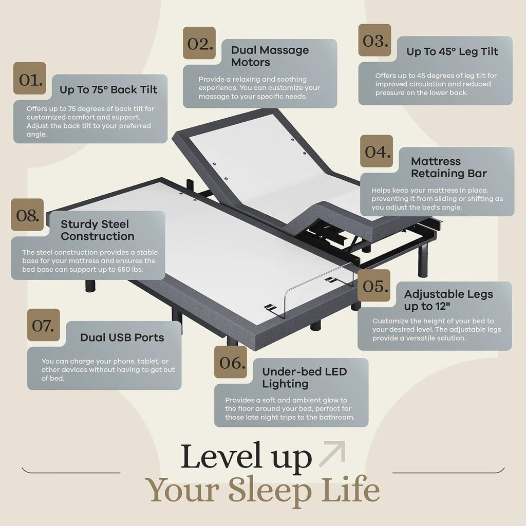 Classic Adjustable Bed Base, Head and Foot Lift, Massage, Under-Bed Lights, USB, Memory, Zero Gravity Smart Frame