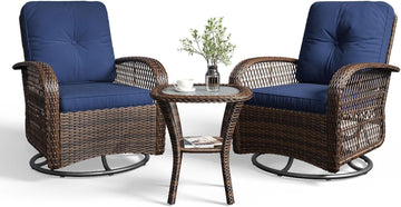 3 Pieces Patio Furniture Set, Patio Swivel Rocker Chairs Set of 2, Wicker Outdoor Bistro Set with Rocking Chair