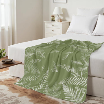 Green Throw Blanket Wild Fern Leaves Plants Blankets and Throws for Couch Sofa, Boho Leaf Decorative Soft Cozy