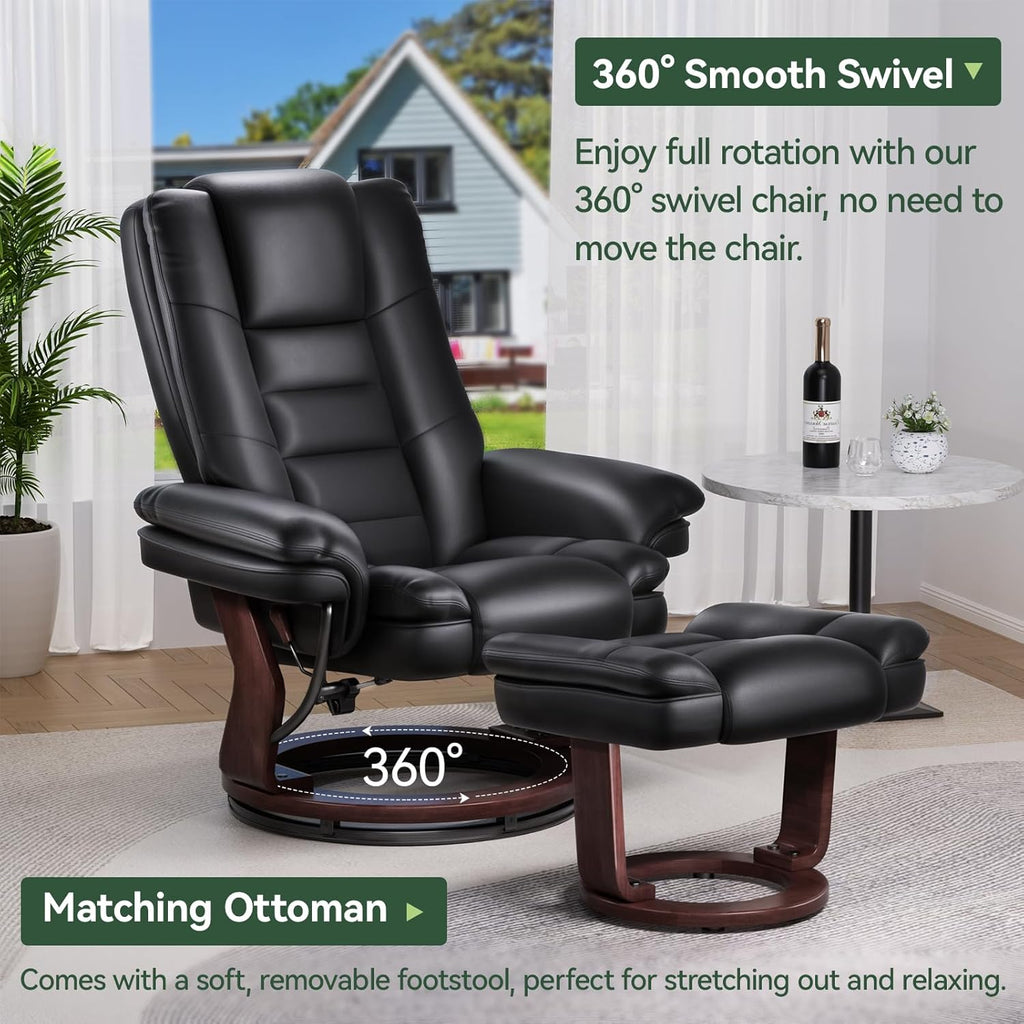 Modern Reclining Swivel Lounge Chair and Ottoman — Black PU Leather