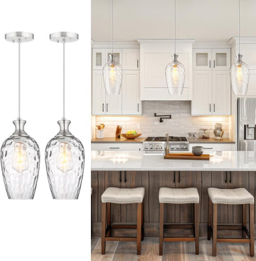 Glass Pendant Lights Kitchen Island 2 Pack, Brushed Nickel Pendant Light Fixtures with Hand-Blown Clear Glass, Modern