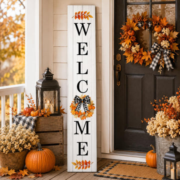 Fall Wreath Welcome Porch Sign, Buffalo Plaid Bow Signs for Front Porch, Fall Leaves Door Sign Yard, Pumpkins