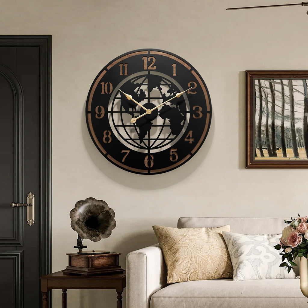 Large World Map Wall Clock, 32" Wooden Minimalist Modern Clock