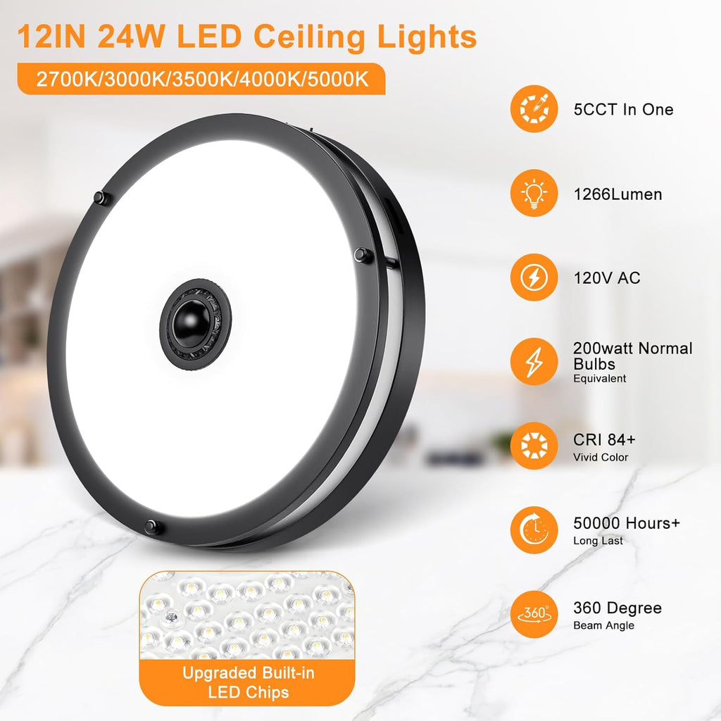 24W LED Motion Sensor Outdoor Ceiling Light, 12IN LED Ceiling Light, 5 Color Options