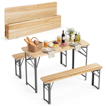 3 Piece Folding Picnic Table with 2 Benches, Foldable Wood Picnic Table Bench Set with Heavy-Duty Metal Frame for 4