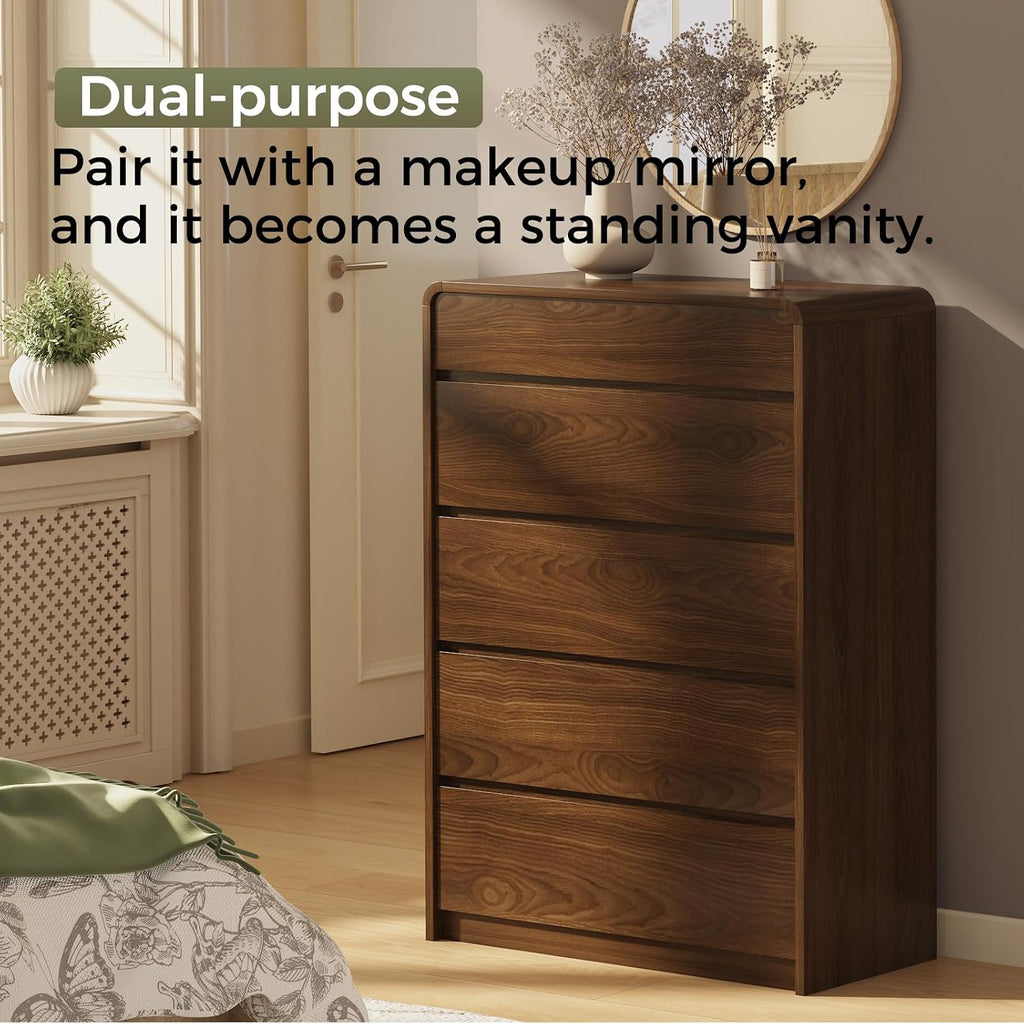 Mid Century Modern 5 Drawer Dresser with Organizer | Top Drawer with 6 Compartments, 45" Tall Chest of Drawers, 31.5"