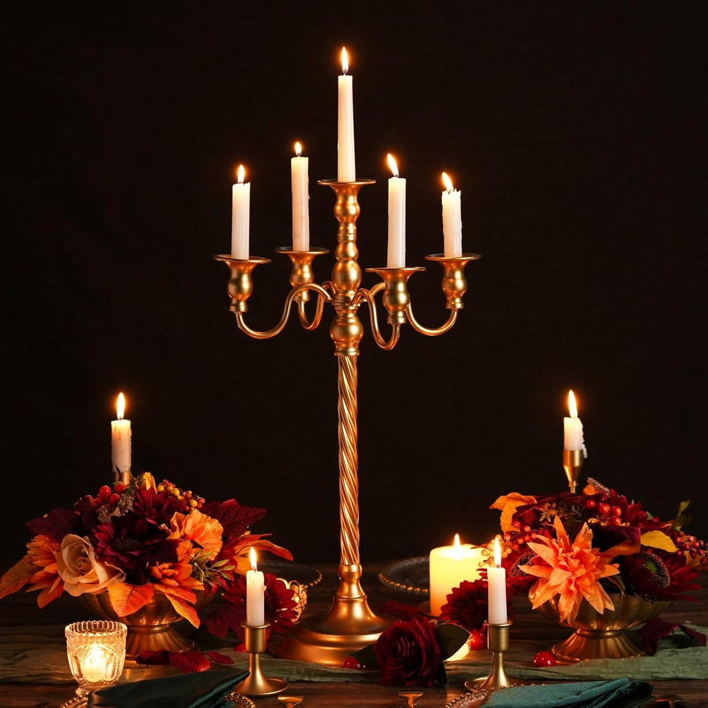 Gold 5 Arm Floor Candelabra - 28" Metal Spiral Candle Holder, Antique Candle Opera Centerpiece Stand for Events