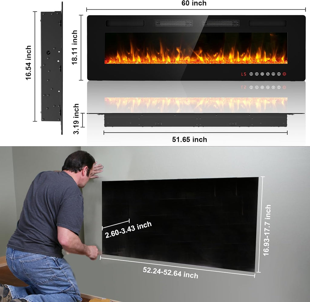 60" Ultra Thin Electric Fireplace Insert-ETL Certified, Recessed/Wall Mount, 3D Flame with Crystal