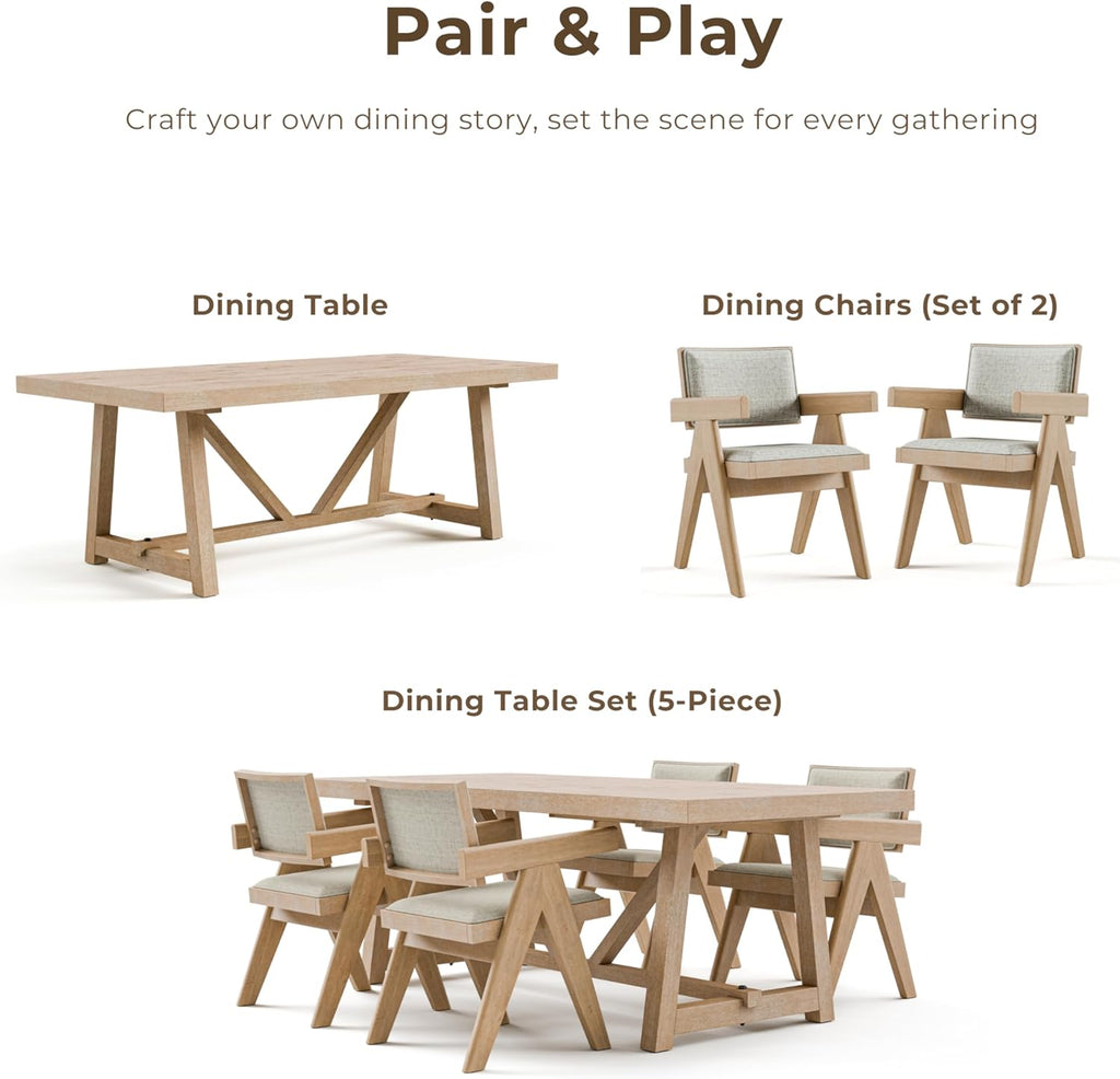 Wellen Farmhouse 84-Inch Rectangle Solid Wood Dining Table with Plank and Beam Base, Trestle Design, Seats Up to 8