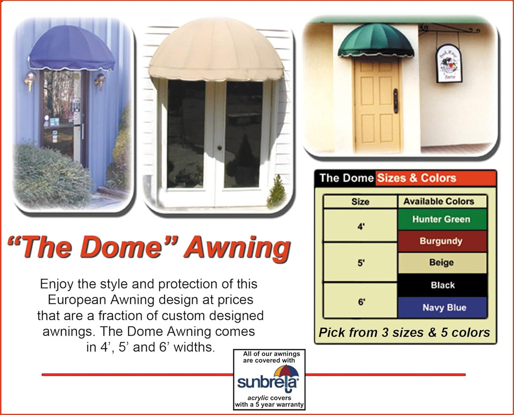Door and Window Sunbrella Canvas Awning / 5 Colors + 3 Sizes/Dome Awning / (Black 4 feet Wide)