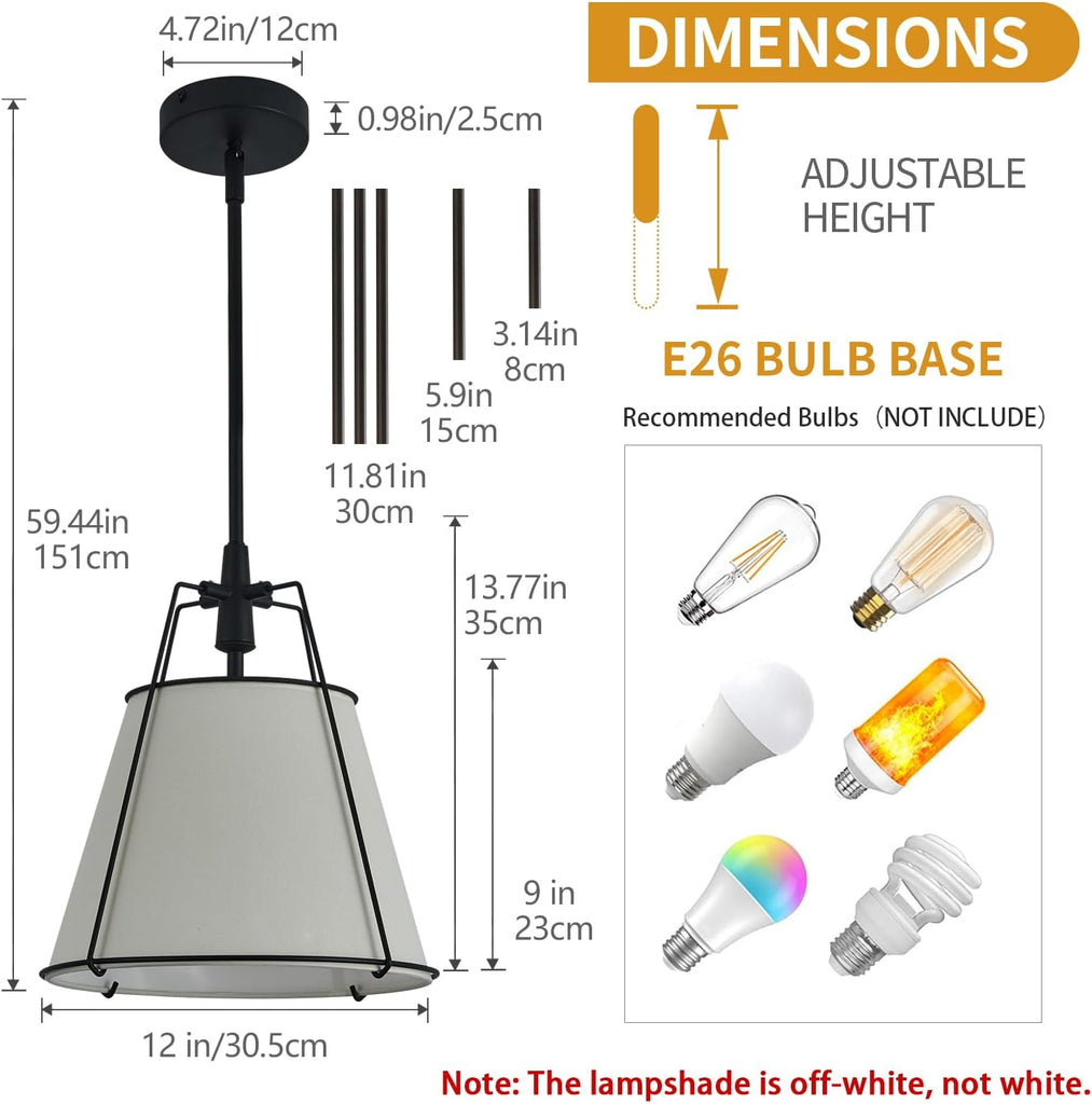 Modern Pendant Light Fixtures with 12" White Linen Fabric Shade, Adjustable Hanging Light Fixture,Drum Black Vintage