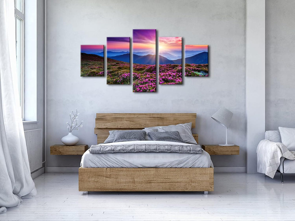 5 Piece Giclee Canvas Prints Wall Art Large Modern Gallery Wrapped Mountains in Sunrise Artwork Purple Landscape