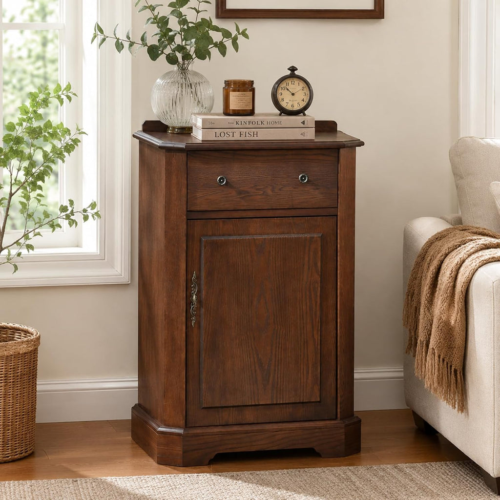 Farmhouse Accent Cabinet with Drawer and Door, Adjustable Shelf and Hidden Storage, Rustic Organizer , Walnut Finish