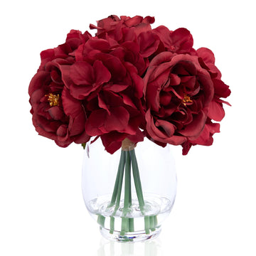 Artificial Austin Roses and Hydrangea, 11.5" H Silk Roses Flower Bouquet with Fake Water in Glass Vase, Faux Peony