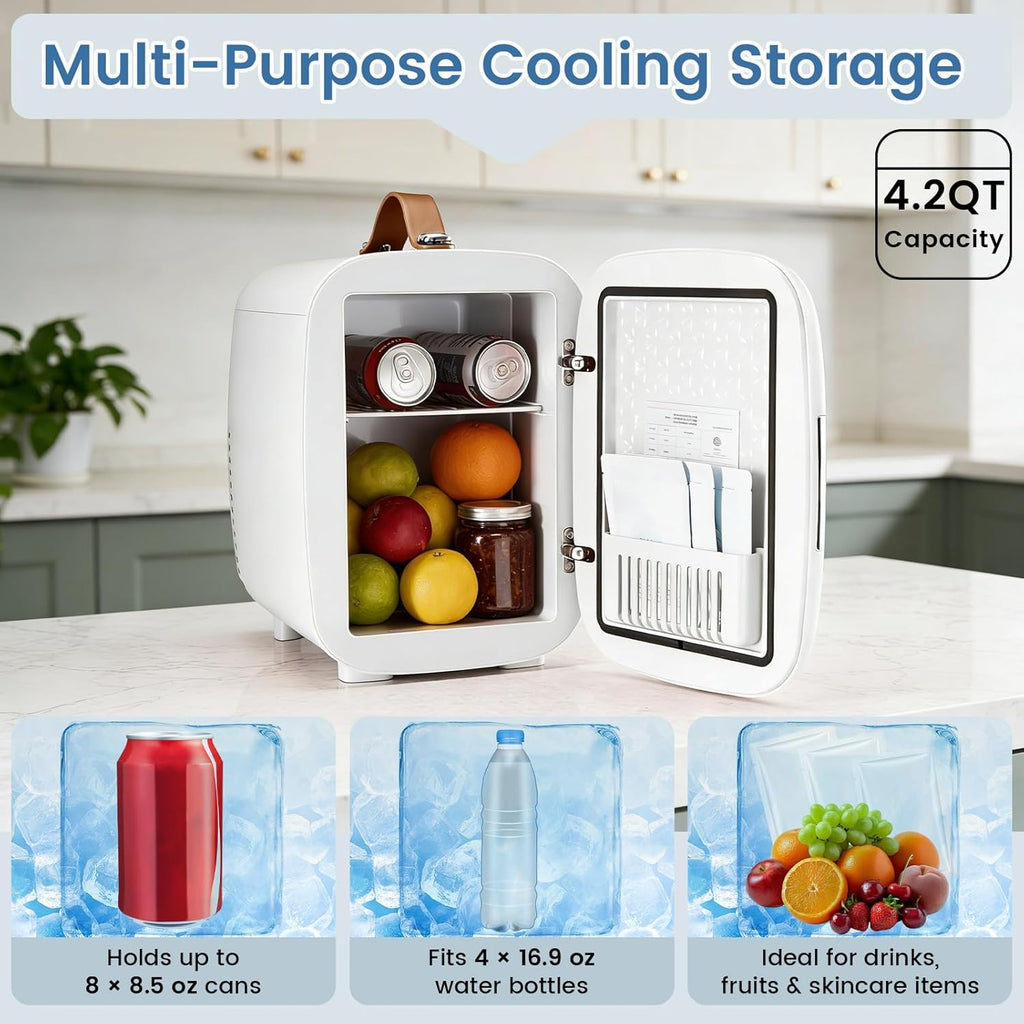 Mini Fridge for Bedroom, Office & Car, Portable 4L/4.23QT Mini Refrigerator for Skincare with Handle, Ultra-Quiet