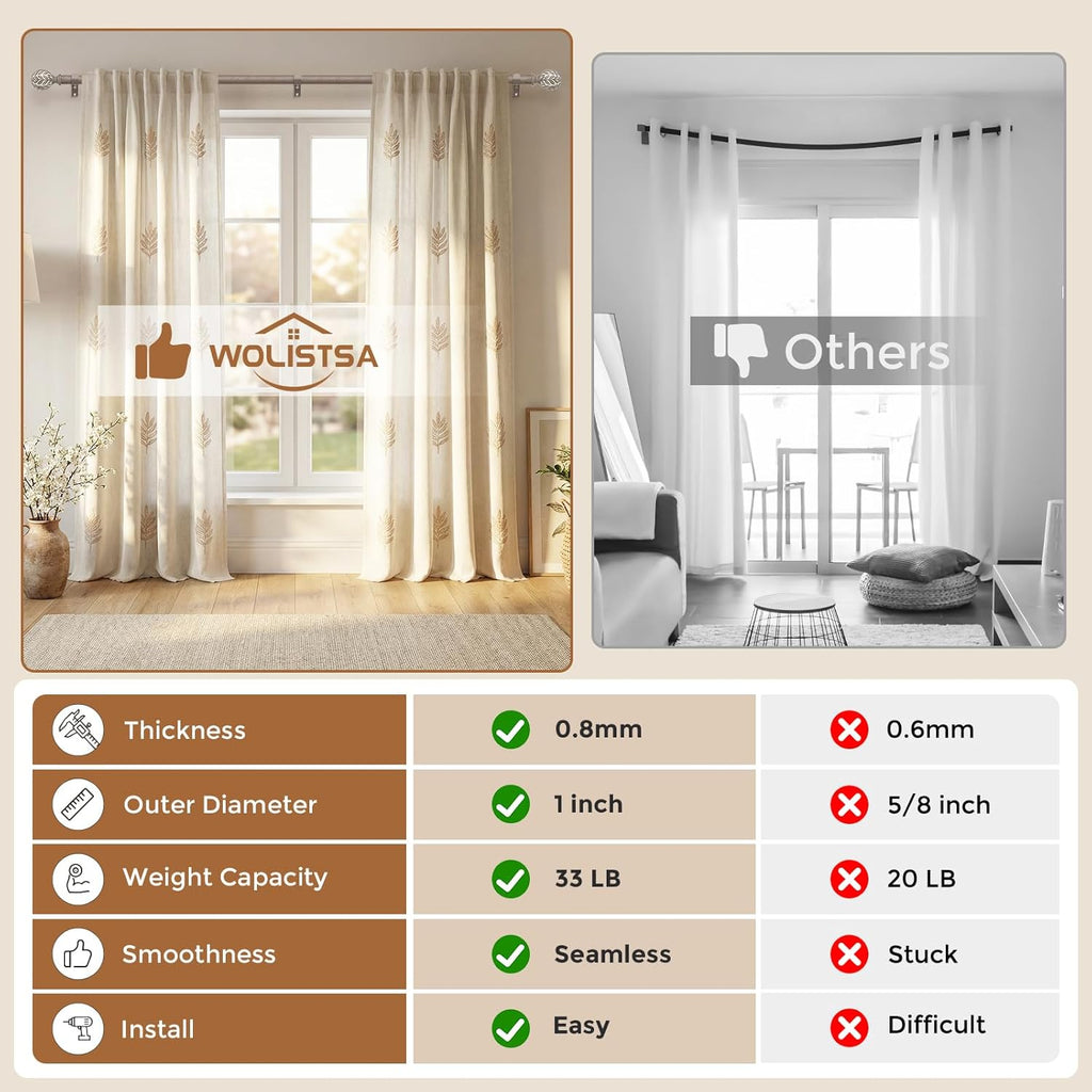 Curtain Rod 36-122 Inch, Boho Decorative 1 Inch Wood Rustic Curtain Rods for Windows, Adjustable Heavy Duty Long