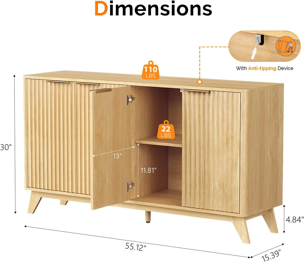 Fluted Sideboard Buffet Cabinet with Storage, Storage Cabinet with Doors and Adjustable Shelves, Buffet for Kitchen