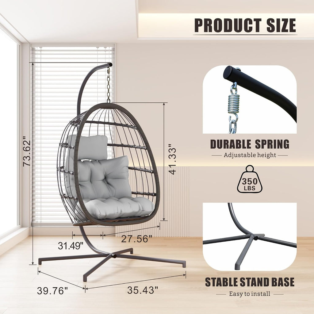 Hanging Egg Chair with Stand, Swing Hammock Chair with Cushion for Indoor Outdoor, Patio Wicker Egg Swing Chair for