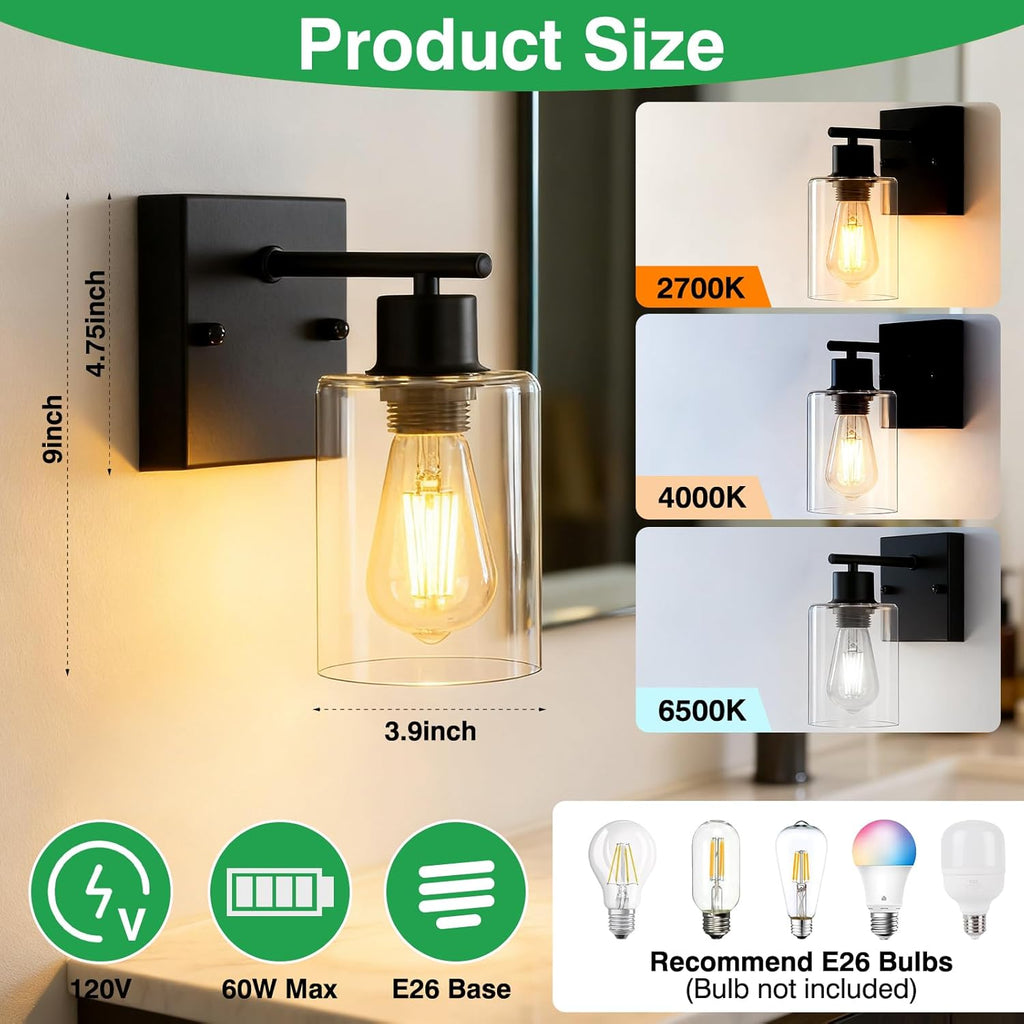2-Pack Wall Sconces , Matte Black Vanity Lights, Modern Wall Light Fixture with Clear Glass Shade, Farmhouse