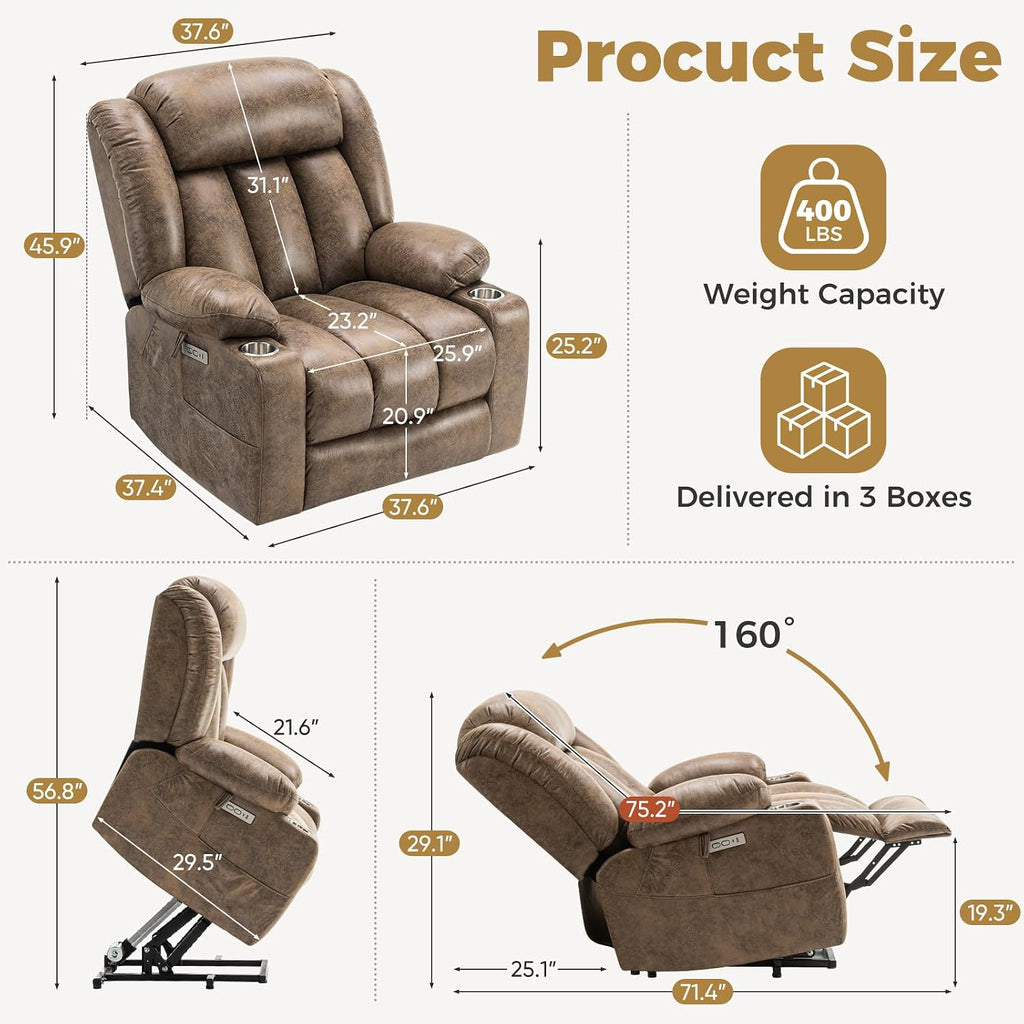 Oversized Power Lift Recliner Chair for Elderly, Big and Tall with Massage and Heating, Breathable Faux Leather with