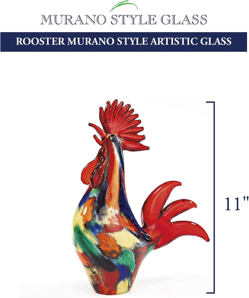 Murano-Style Art Glass Rooster Sculpture Table Decor, 11 Inch