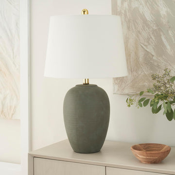 Home 23" Olive Green Ceramic Pot Table Lamp, Dining Office, with White Tapered Drum Shade
