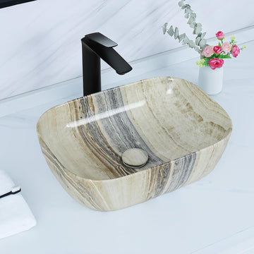 18.3"×13" Marbling Rectangle Bathroom Vessel Sink with Pop Up Drain,Nordic Ceramic Vessel Sinks,Bathroom Sinks