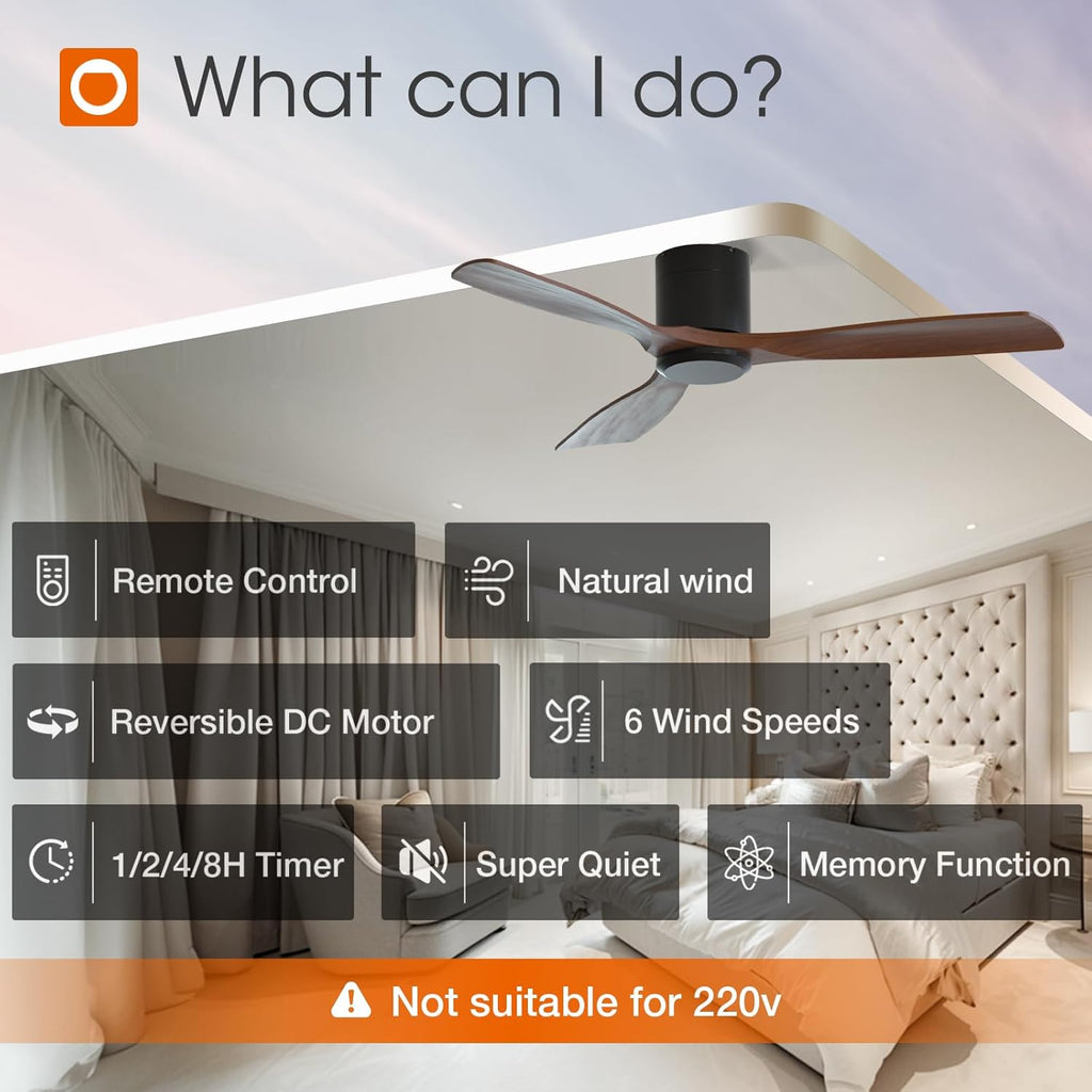52 inch Ceiling Fans No Lights, Low Profile Ceiling Fan with Remote Control, Flush Mount, Reversible, 3 Wood Blades, 6 Speeds, Noiseless, Black Walnut Ceiling Fan for Indoor/Outdoor Use