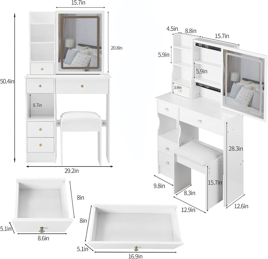 Vanity Desk with Lighted Mirror, 29.2" Makeup Vanity Table with Storage Drawers and Cushioned Stool, Compact Dressing