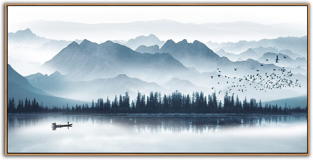 Indigo Framed Canvas Wall Art Misty Mountain Wall Pictures Foggy Lake Boat Painting Prints Forest Birds Artwork Wall