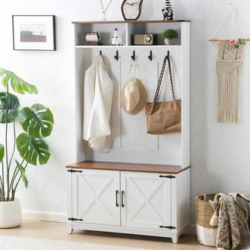 38" Farmhouse Hall Tree with Bench and Shoe Storage, Entryway Bench with Coat Rack, 2 Open Compartments, 5 Coat