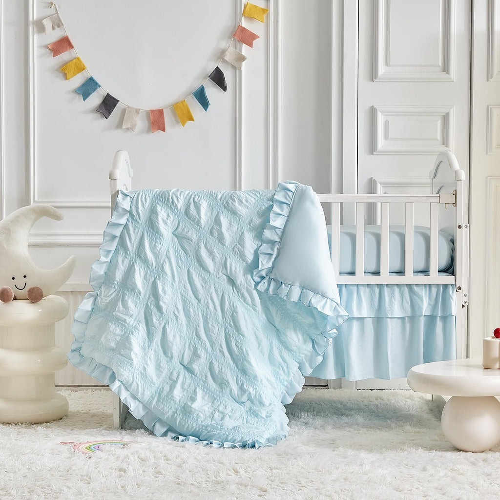 Ruffled Crib Bedding Set Baby Boho Quilted Comforter with Fitted Sheet and Bed Skirt - Cute Soft Breathable