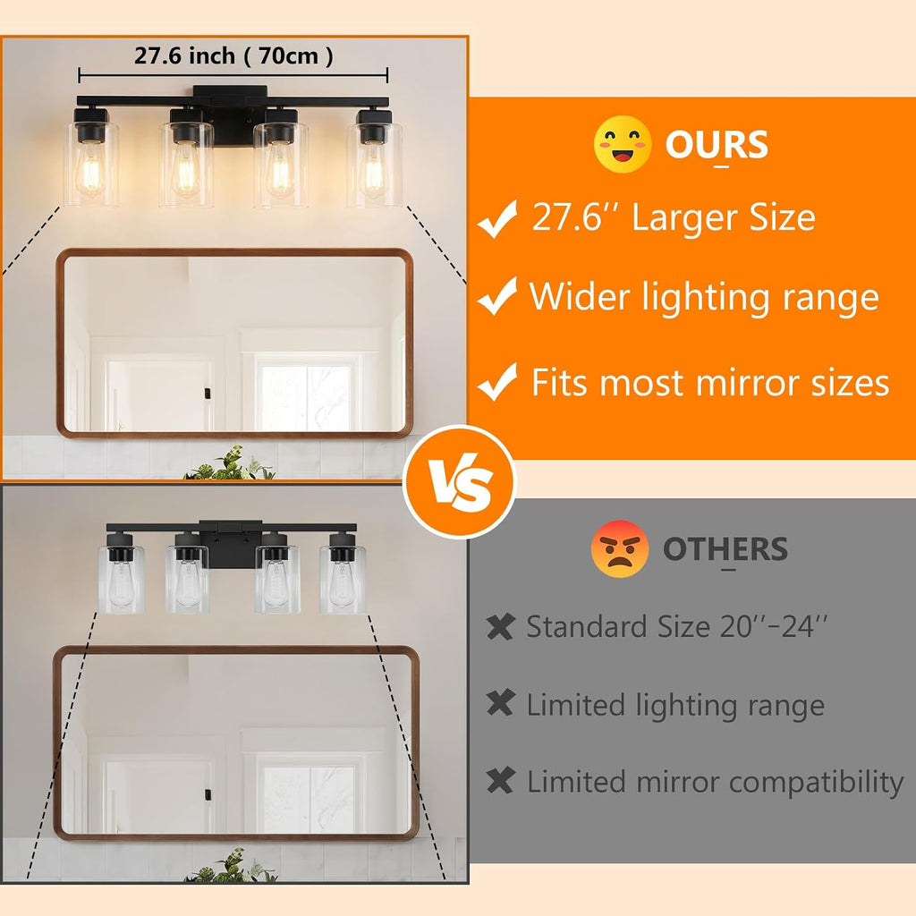 27" Bathroom Light Fixtures Over Mirror,4-Light Black Vanity Light | Square Clear Glass & Durable Metal, Quick & Easy