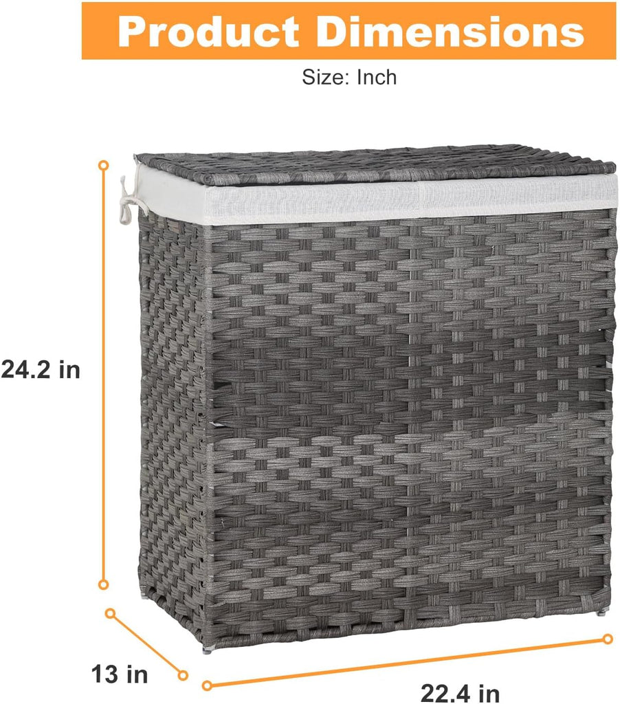 Handwoven Laundry Hamper with Lid, 110L Foldable Rattan Clothes Basket with 2 Removable Liners & 6 Mesh Laundry Bags