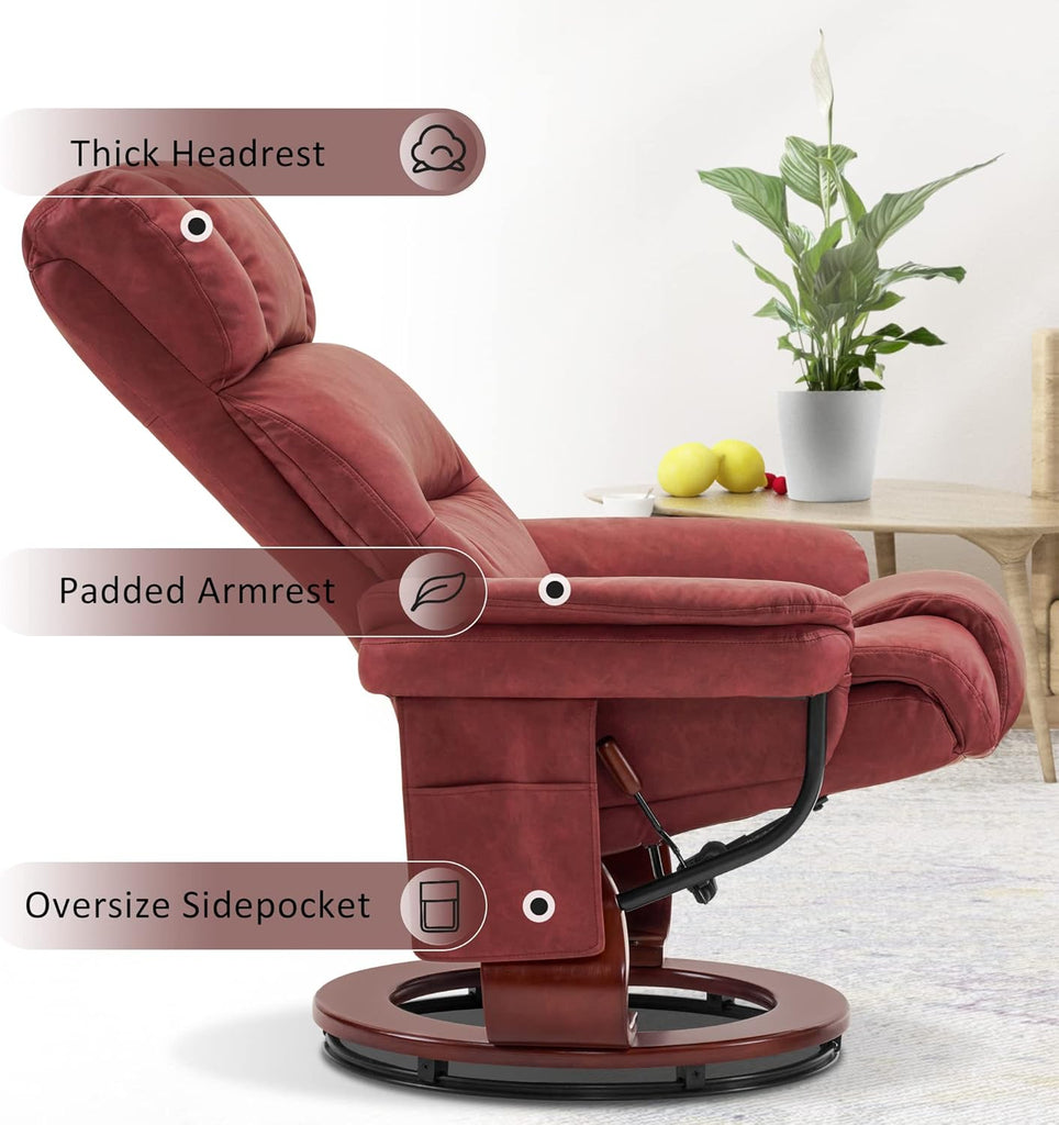 Modern Reclining Swivel Lounge Chair and Ottoman — Burgundy Faux Leather