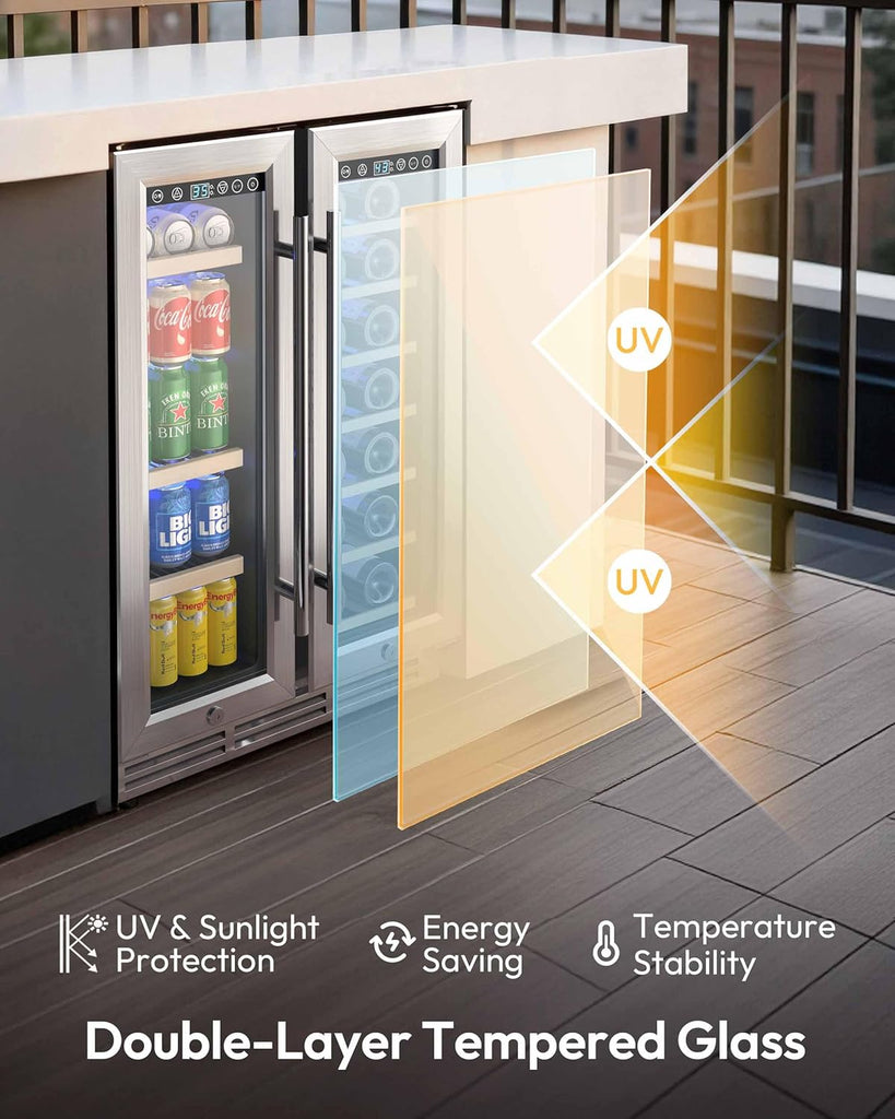 Wine and Beverage Refrigerator, 24 Inch Dual Zone Wine Cooler with Glass Door Ho