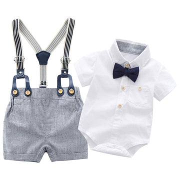 Newborn Baby Boys Gentleman Outfits Suits, Infant Short Sleeve Shirt+Shorts+Bow Tie+Suspenders