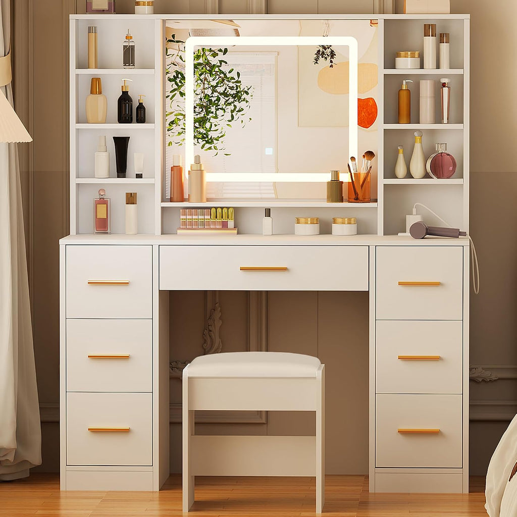 39.4" White Vanity Desk with Lighted Mirror & Adjustable Lights | Girls Makeup Vanity Set with Charging