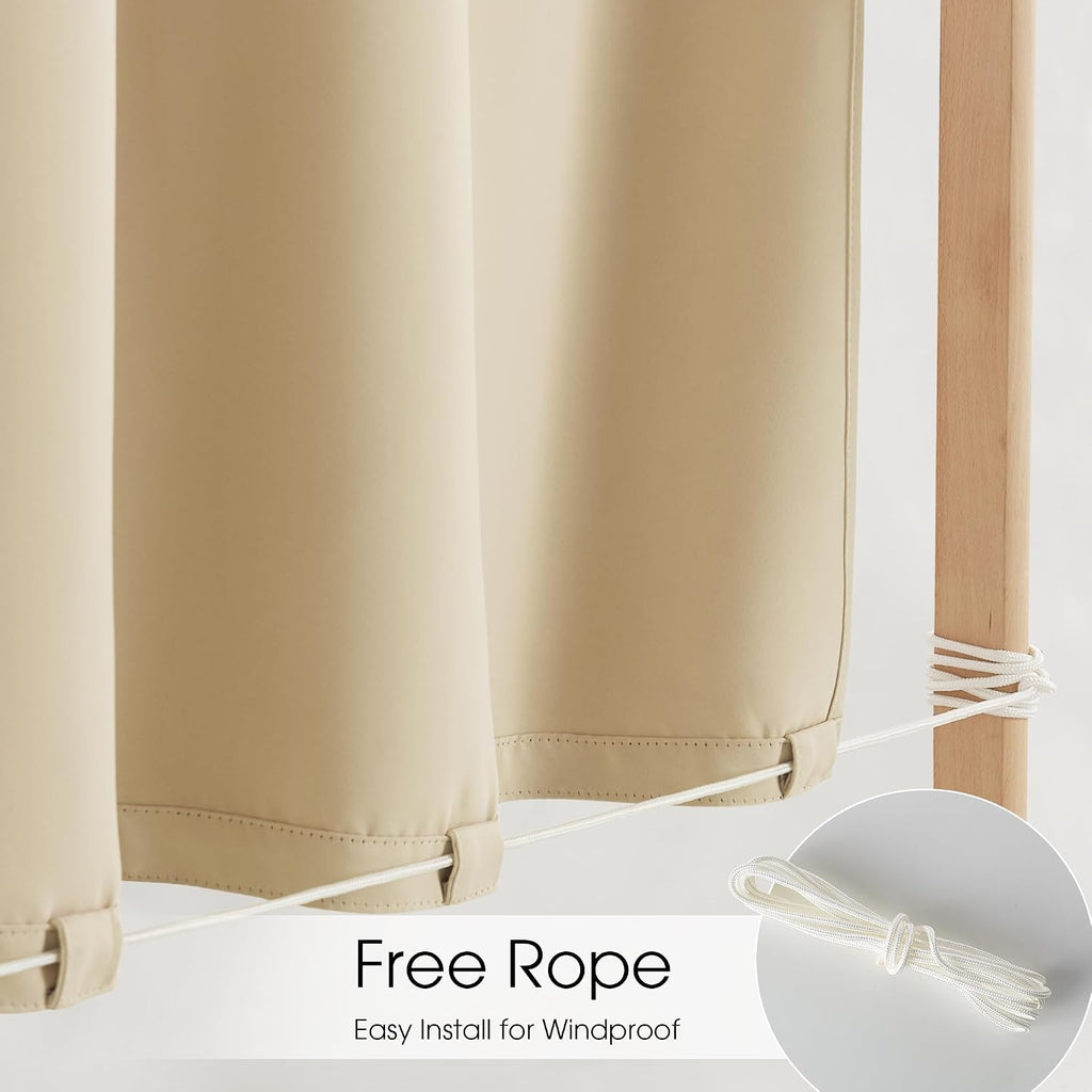 2 Panels Rod-Free Outdoor Curtains Waterproof Sticky Top | Back Tab Bottom with Free Rope for Wind Resistance