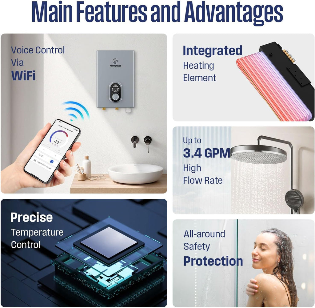 Tankless Water Heater Electric 14kW 240V, Instant On-Demand Hot Water, Smart WiFi