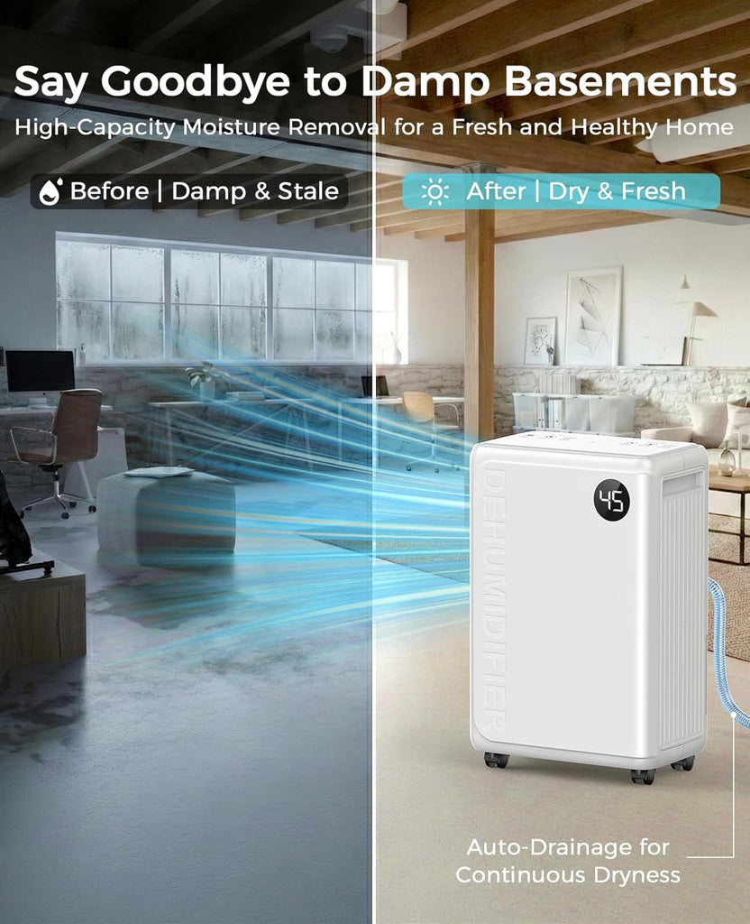 32 Pint Dehumidifier for Basement, 2500 sq.ft Dehumidifiers for Home with Drain Hose, 3 Modes, Auto Defrost, 24H Timer