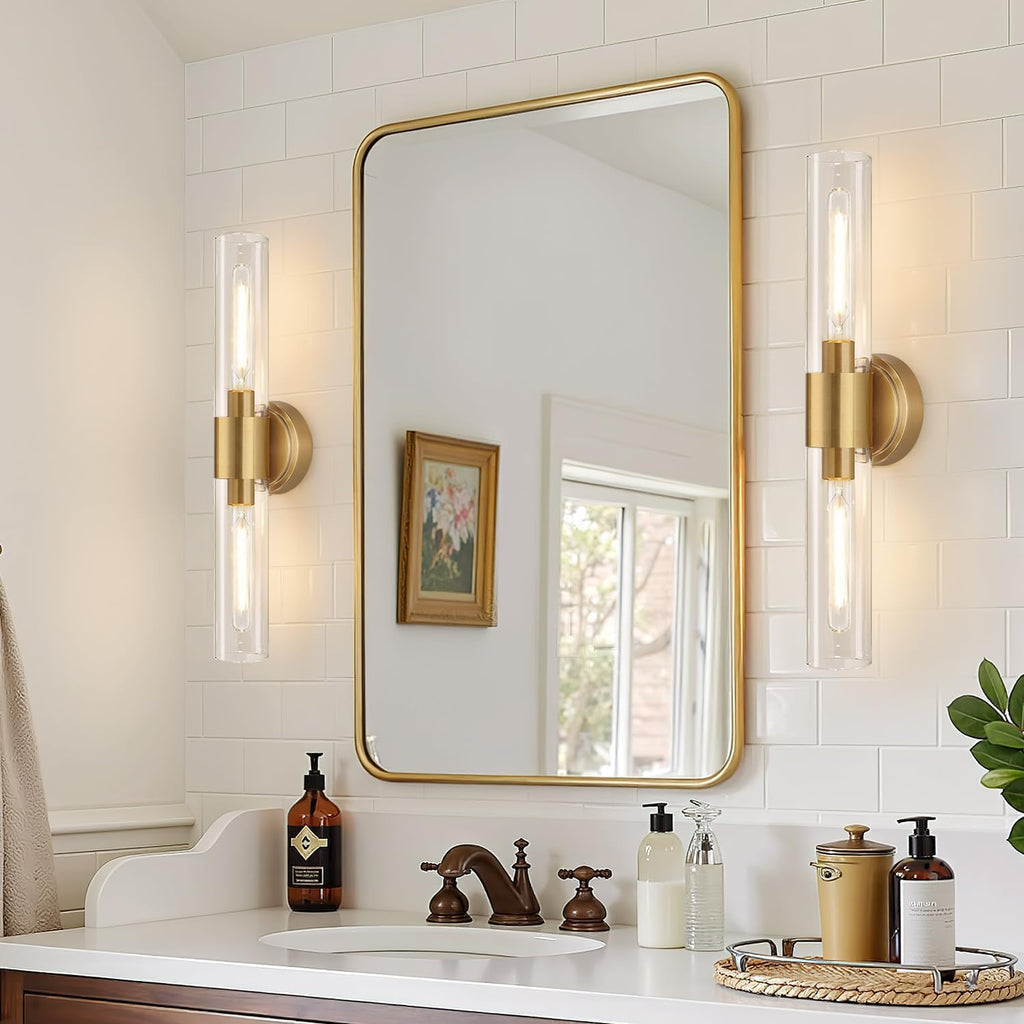 Wall Sconces Set of Two, Brushed Gold Bathroom Sconces Wall Lighting with Clear Glass, Hardwired Modern Sconces Wall