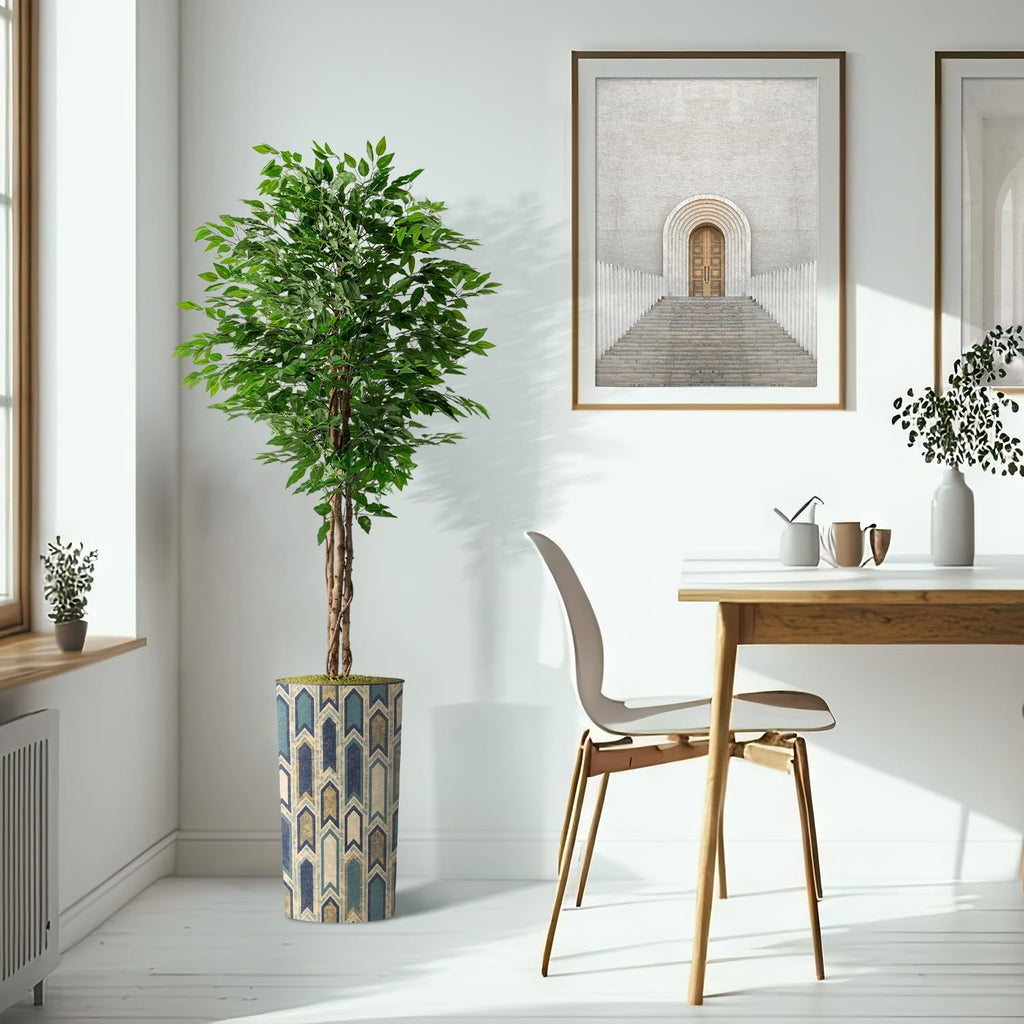 Artificial Tree in Modern Polygon Pattern Effect Planter, Fake Ficus Silk Tree for Indoor and Outdoor Home Decoration