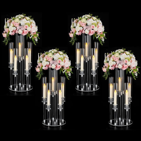 4PCS Acrylic Candelabra Centerpieces for Tables,2-in-1 Clear 5 Arm Candelabras &Flower Stand,Acrylic Centerpieces Stand