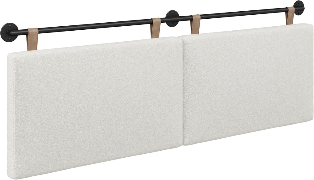 Wall Mount Hanging Upholstered Headboard, Queen, White Boucle with Brown Faux Leather Straps