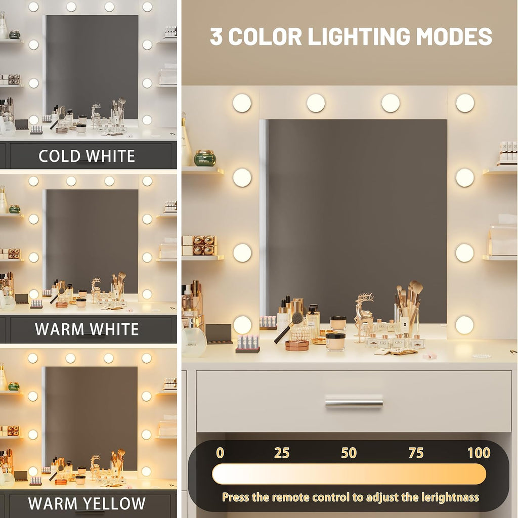 Vanity Desk with Mirror, LED Lights and Power Outlet Makeup Vanity Table with 7 Drawers and 6 Storage Shelves