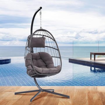 Egg Chair with Stand - Patio Rattan Wicker Hanging Hammock Chair for Indoor Outdoor Bedroom Garden - Aluminum Steel