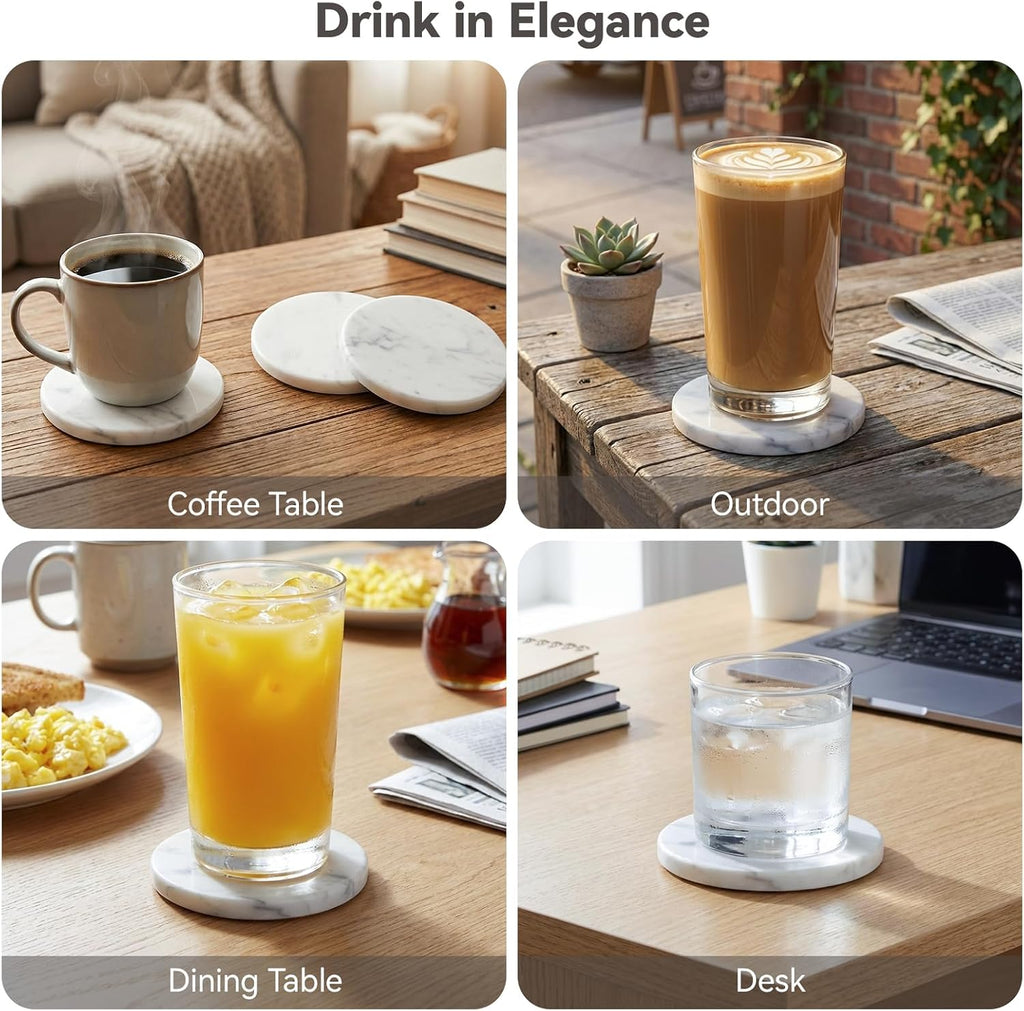 Soft White Marble Coasters, Modern Elegant Drink Coasters for Dining Table, 4" Round Polished Natural White - Set of 8
