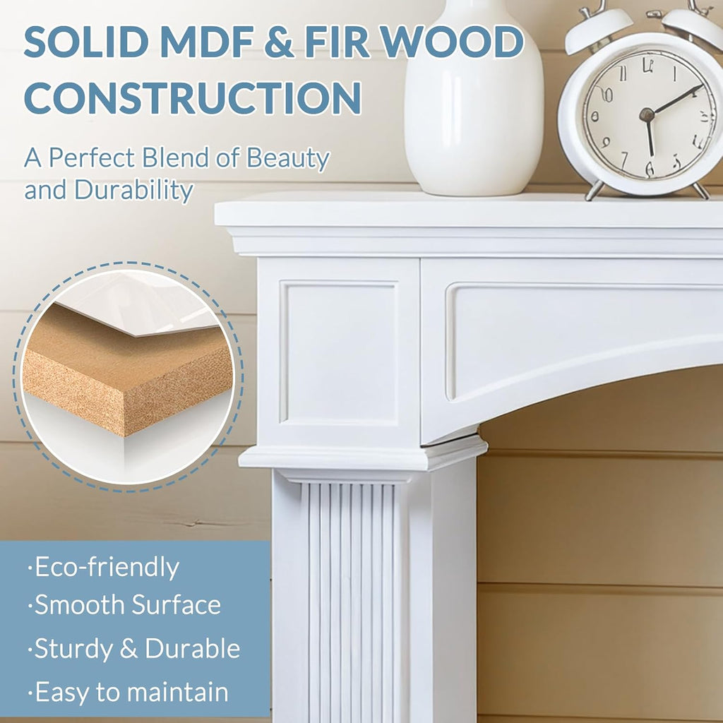Modern, 43.3" White Wooden Surrounds with Leg for Electric Fireplaces, Premium MDF Decorative Freestanding Mantel for