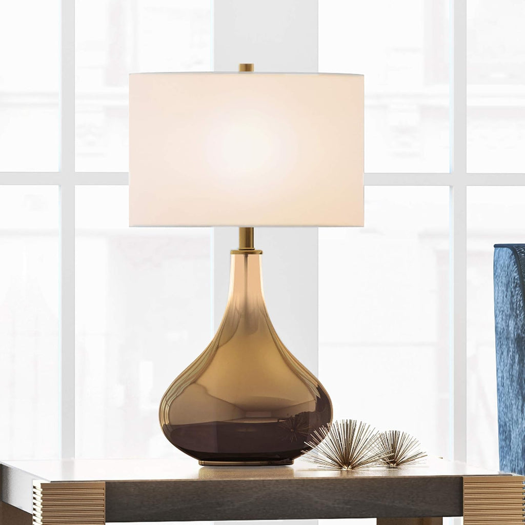 25" Modern 1-Light Table Lamp with White Fabric Drum Shade, or Office, Chromed Brass